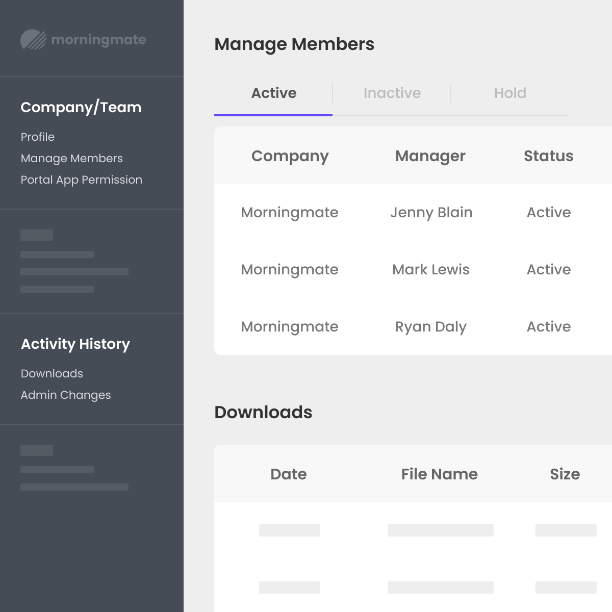 Morningmate admin console for managing users, permissions, and activity history securely.