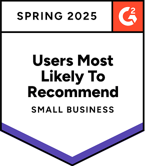 Awarded Users Most Likely to Recommend Small Business - Spring 2025 by G2 market reports