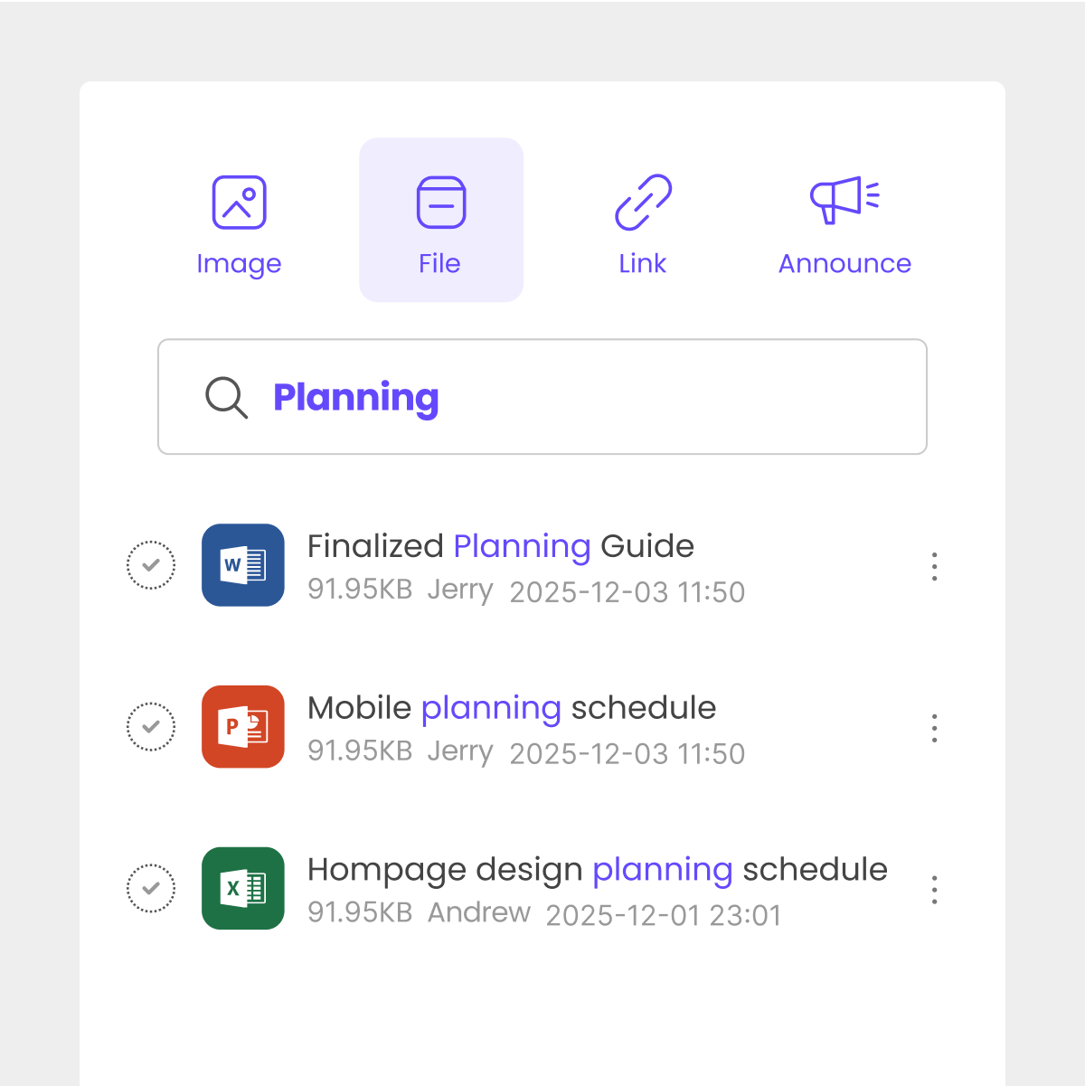 Morningmate chat hub showing pinned files, images, and links organized in one place.