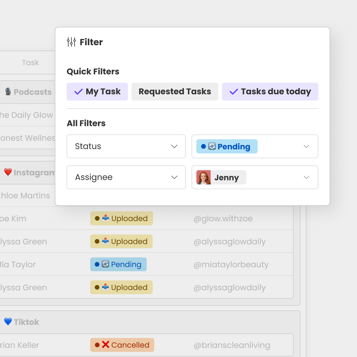Morningmate custom view filter to group tasks by status, assignee, or priority for focus.