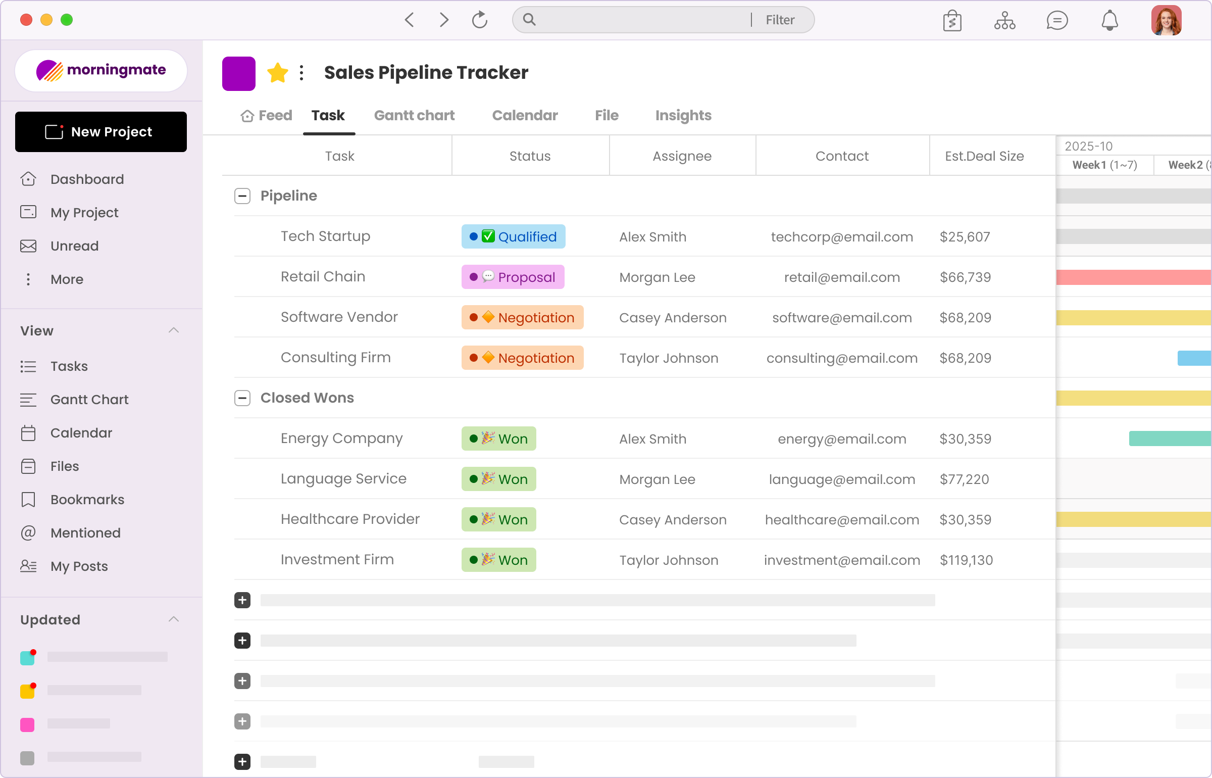 Morningmate Gantt chart with tasks, assignees, and progress statuses.