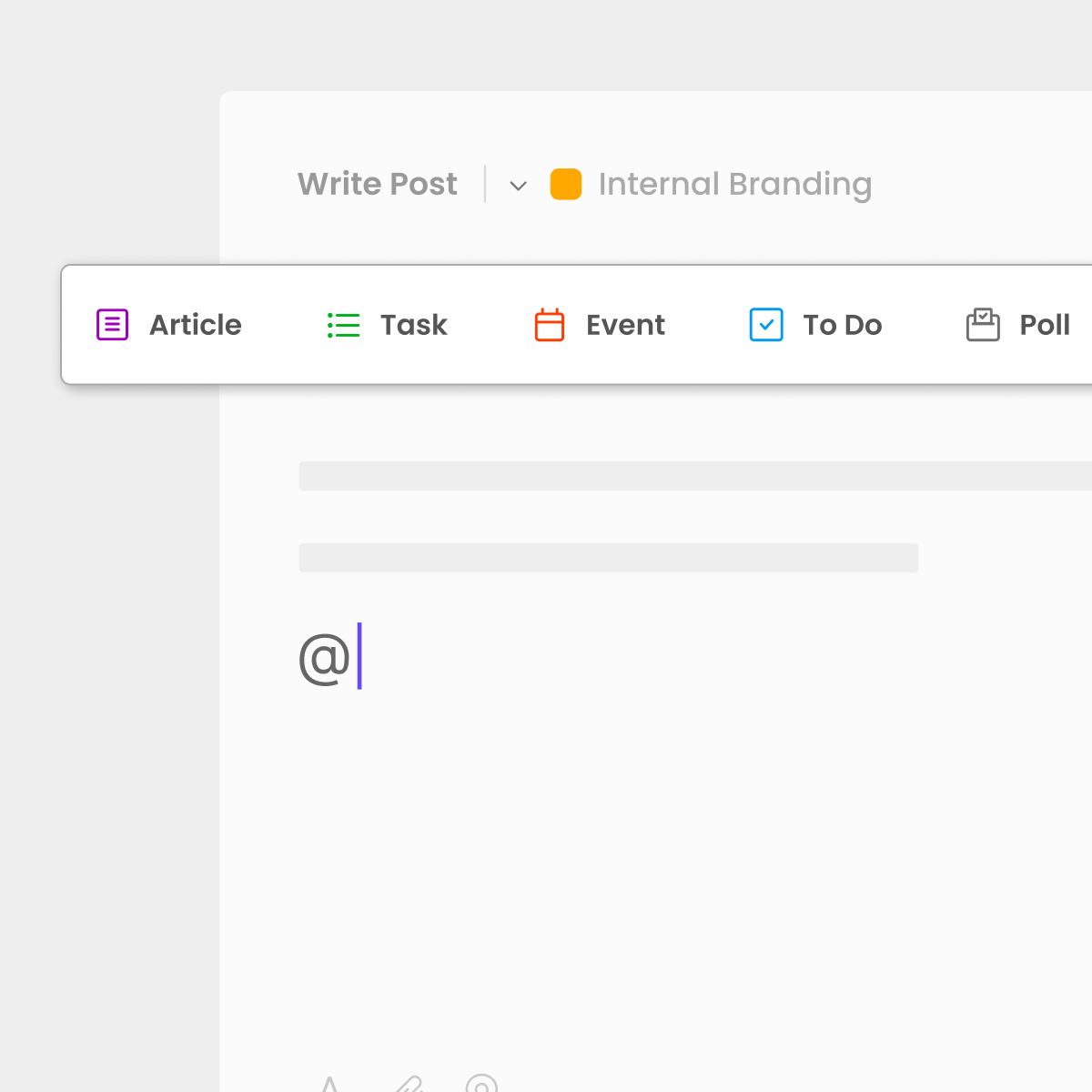 Options in Morningmate to create posts such as tasks, events, articles, to-dos, and polls.