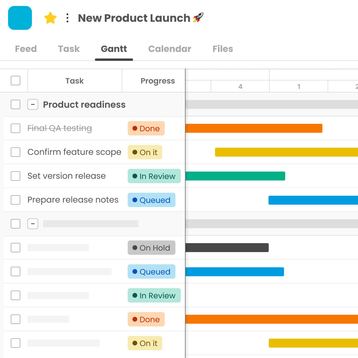 Morningmate Gantt chart view displaying project tasks and dependencies on a timeline.