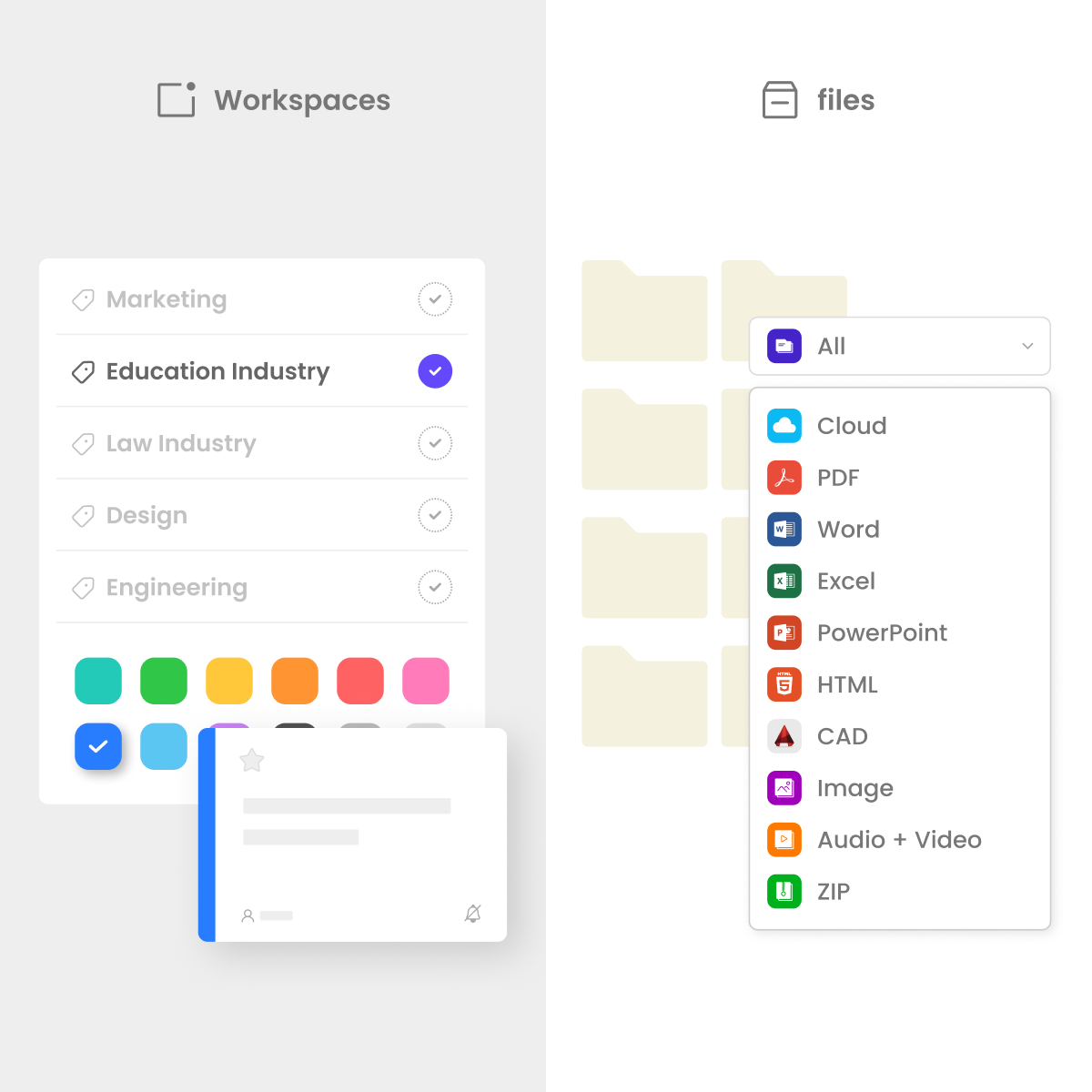 Morningmate file hub storing team documents with filters for PDFs, Word, Excel, and more.
